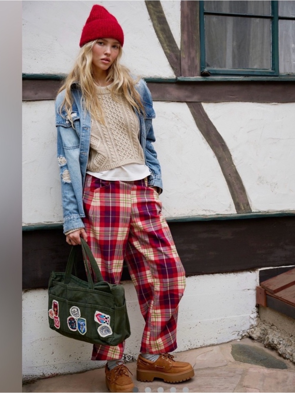 NWT Free People Nice Choice Pull On Pant-Wine Combo Lantern Plaid